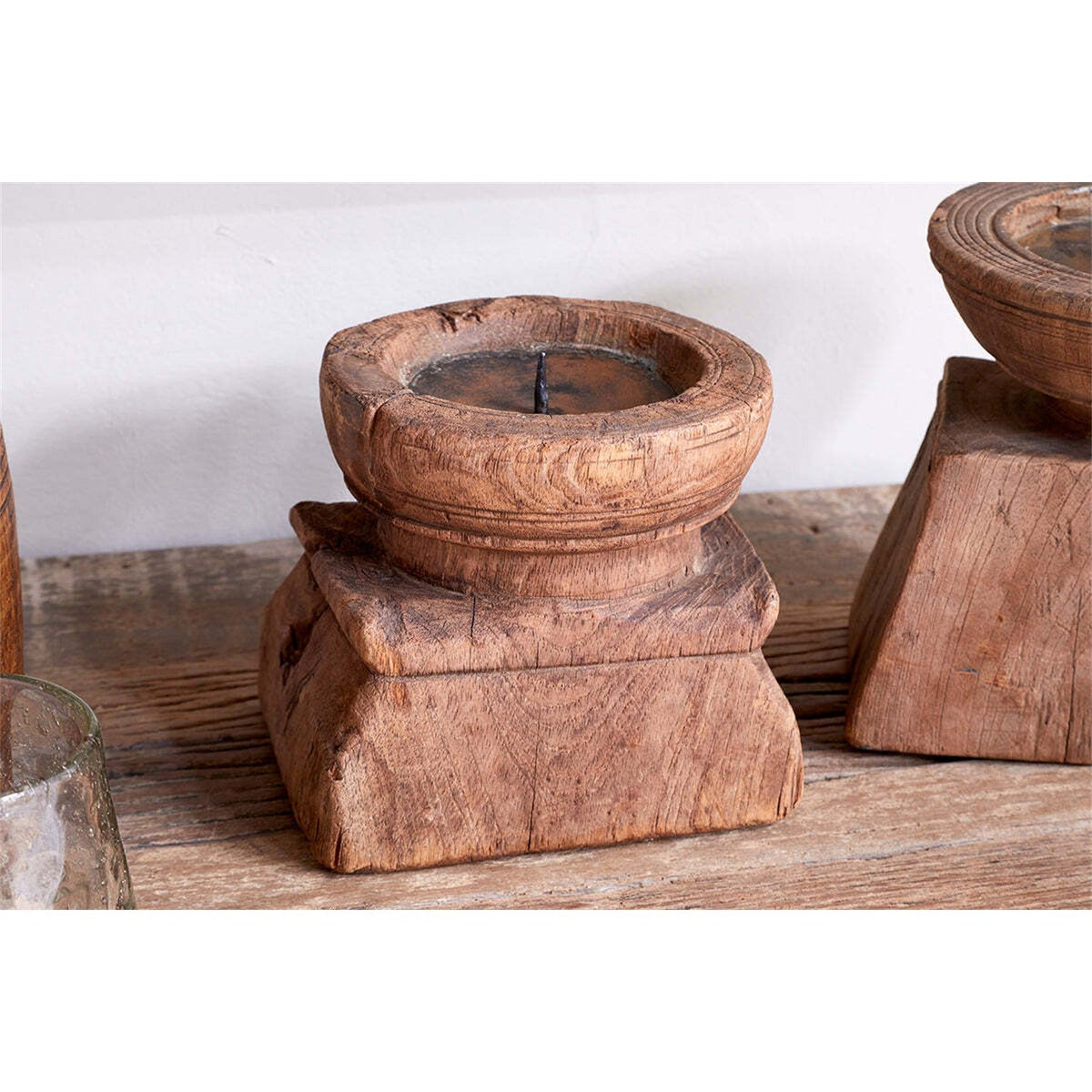 Thoko Square Reclaimed Wood Candlestick - Dark Stain