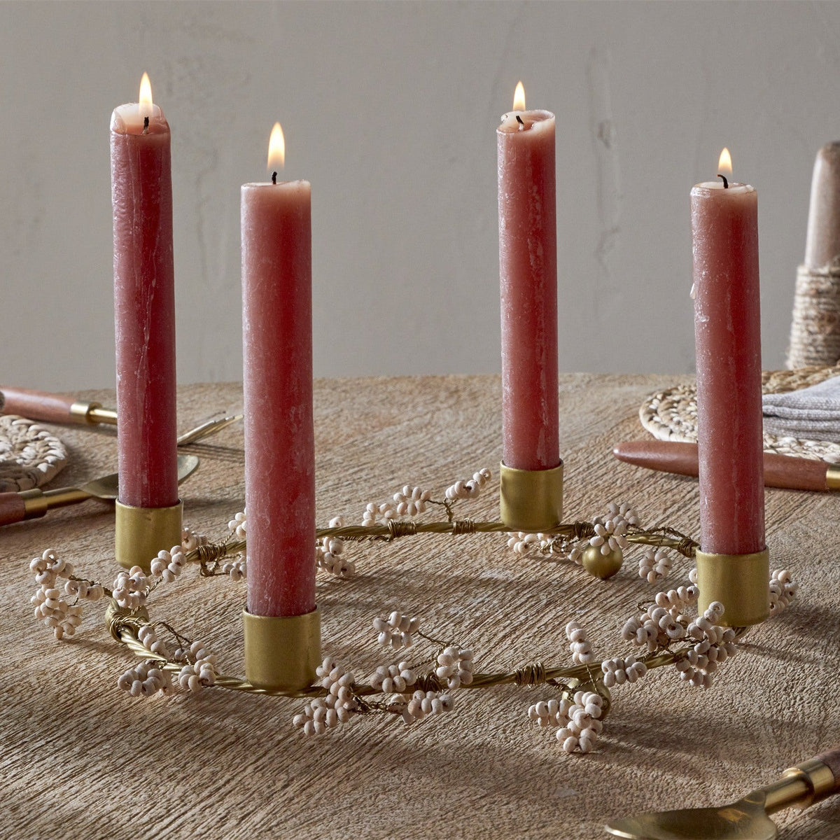 Tanu Mango Wood Christmas Candle Holder - Brass & Natural