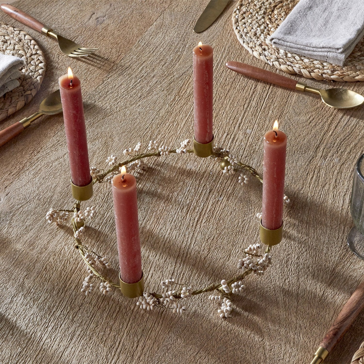 Tanu Mango Wood Christmas Candle Holder - Brass & Natural