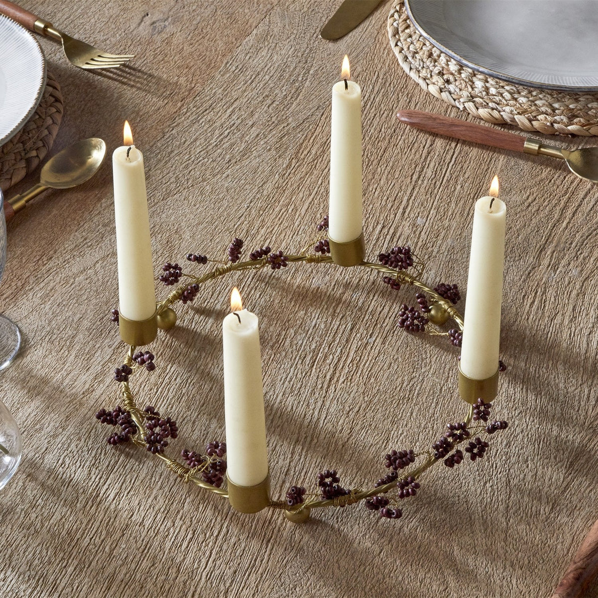 Tanu Mango Wood Christmas Candle Holder - Brass & Ruby