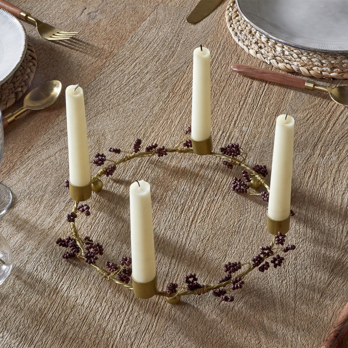 Tanu Mango Wood Christmas Candle Holder - Brass & Ruby