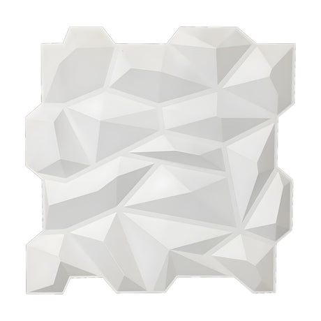 White PVC 3D wall panel, 50 x 50cm, with irregular faceted crystal-like triangular shapes and a 25mm relief, shown against a plain white background.