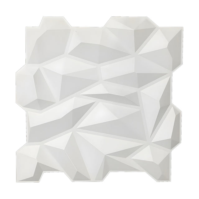 White PVC 3D wall panel, 50 x 50cm, with irregular faceted crystal-like triangular shapes and a 25mm relief, shown against a plain white background.