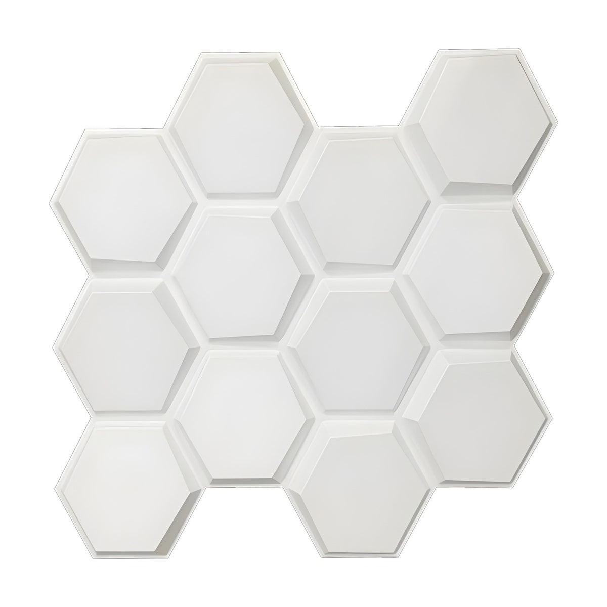 White PVC 3D wall panel, 50 x 50cm, featuring bevelled hexagons in a honeycomb pattern with staggered columns, shown on a plain white background.