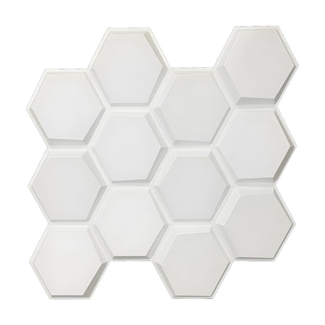 White PVC 3D wall panel, 50 x 50cm, featuring bevelled hexagons in a honeycomb pattern with staggered columns, shown on a plain white background.