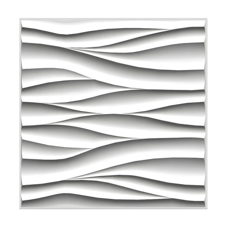 White PVC 3D wall panel, 50 x 50cm, featuring layered horizontal wave bands that swell and taper across the square surface, shown against a plain white background.