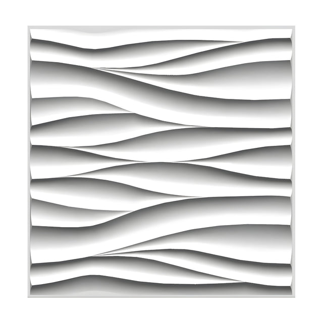White PVC 3D wall panel, 50 x 50cm, featuring layered horizontal wave bands that swell and taper across the square surface, shown against a plain white background.