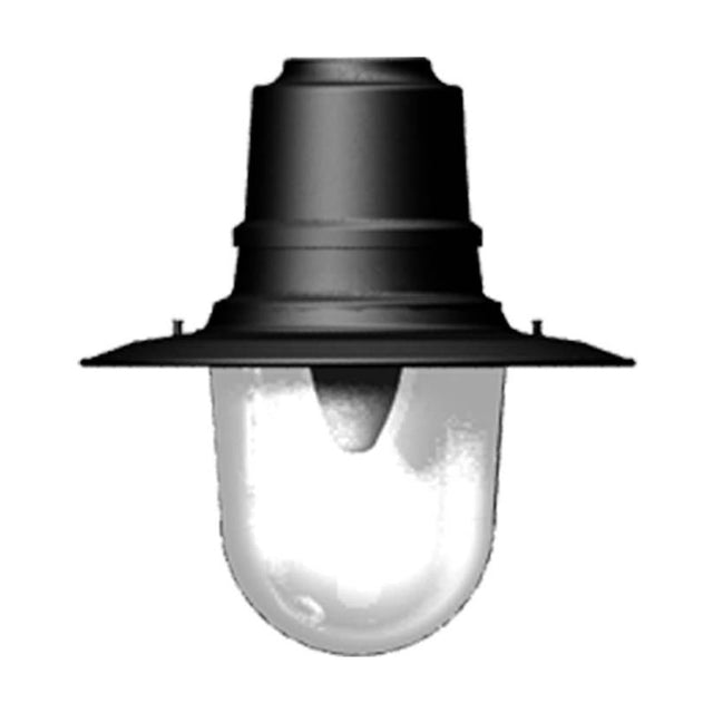 Black aluminium teardrop lantern head with clear glass shade and mounting fixture, IP44 rated, shown against a plain white background.