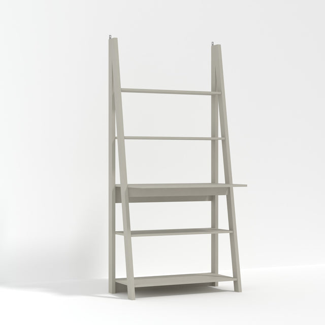 Tiva Ladder Desk in grey MDF, leaning ladder frame with a central desk surface and four open shelves, shown on a plain white background.