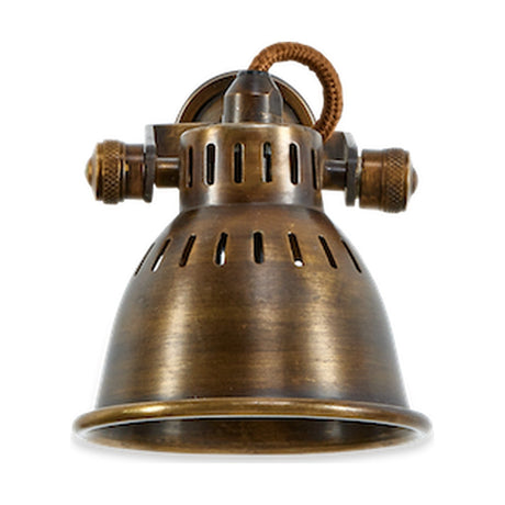 Tubu Brass Wall Spotlight in antique brass, a domed single-head fixture with slotted shoulder vents, knurled pivot screws and rust-coloured flex, shown on a plain white background.