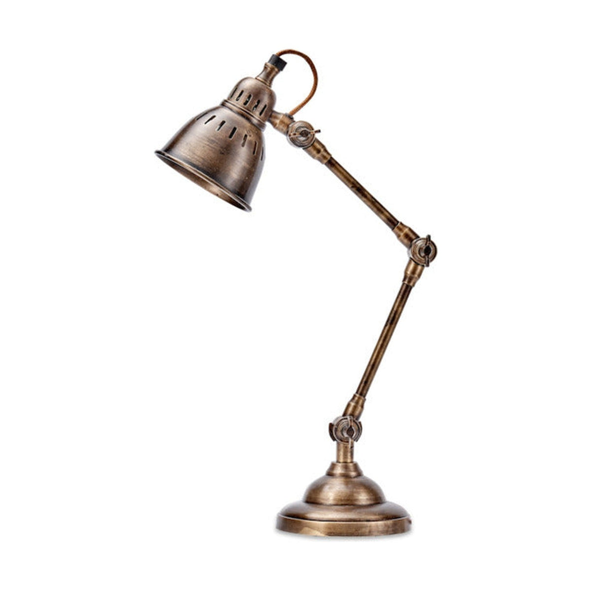Tubu Brass Desk Lamp in antique brass, with a stepped round base, two adjustable arms joined by winged screw joints, and a slotted bell-shaped shade, shown on a plain white background.