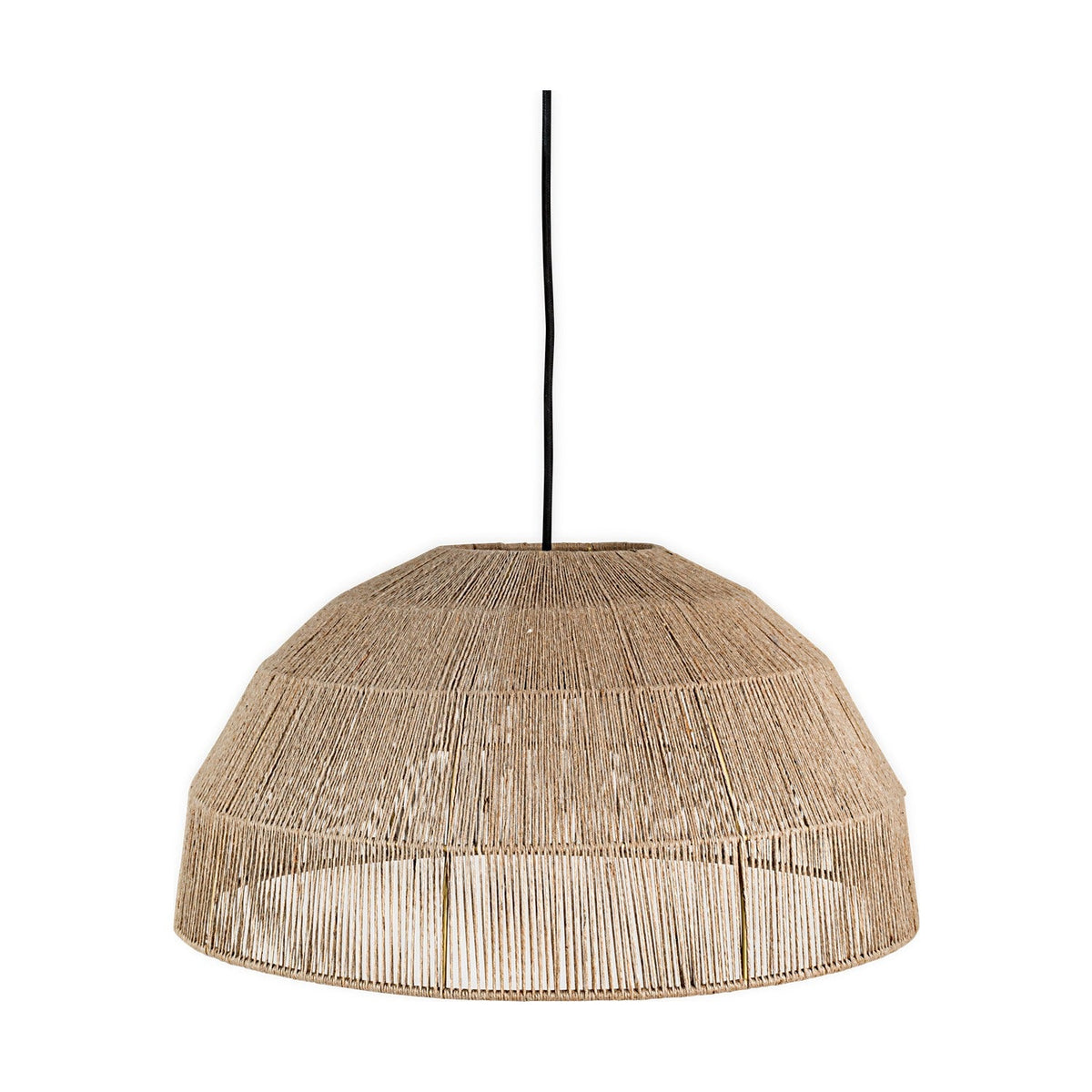 Tivi Natural Jute Lampshade, a wide dome pendant shade hand-wound in vertical jute cord with horizontal binding bands, shown with black cable on a plain white background.