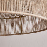Close-up of the Tivi Natural Jute Lampshade, a wide dome lampshade with fine jute cord wound vertically and bound by horizontal bands, shown against a plain light background.