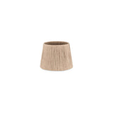 Tiwa Small Woven Jute Lampshade in natural straw-toned jute with vertical corded texture and a tapered drum shape, brass fitting ring visible inside the top rim, on a plain white background.