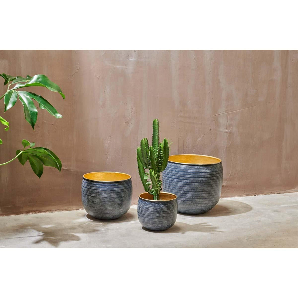 Tembesi Medium Etched Planter - Antique Black & Brass