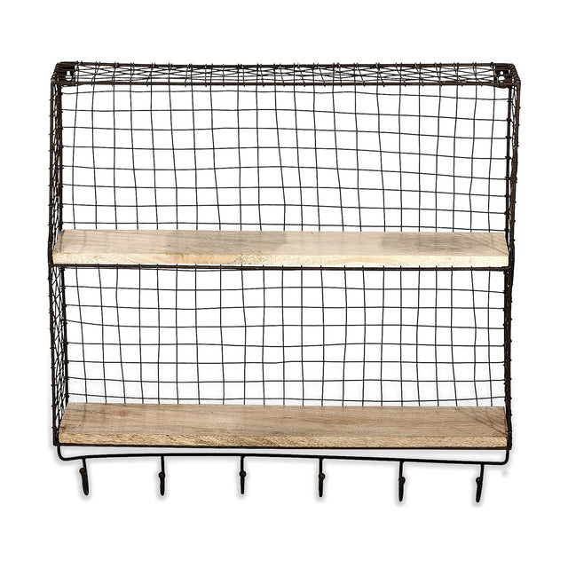 Tamba Iron & Mango Wood Wall Shelf with Hooks - Rust