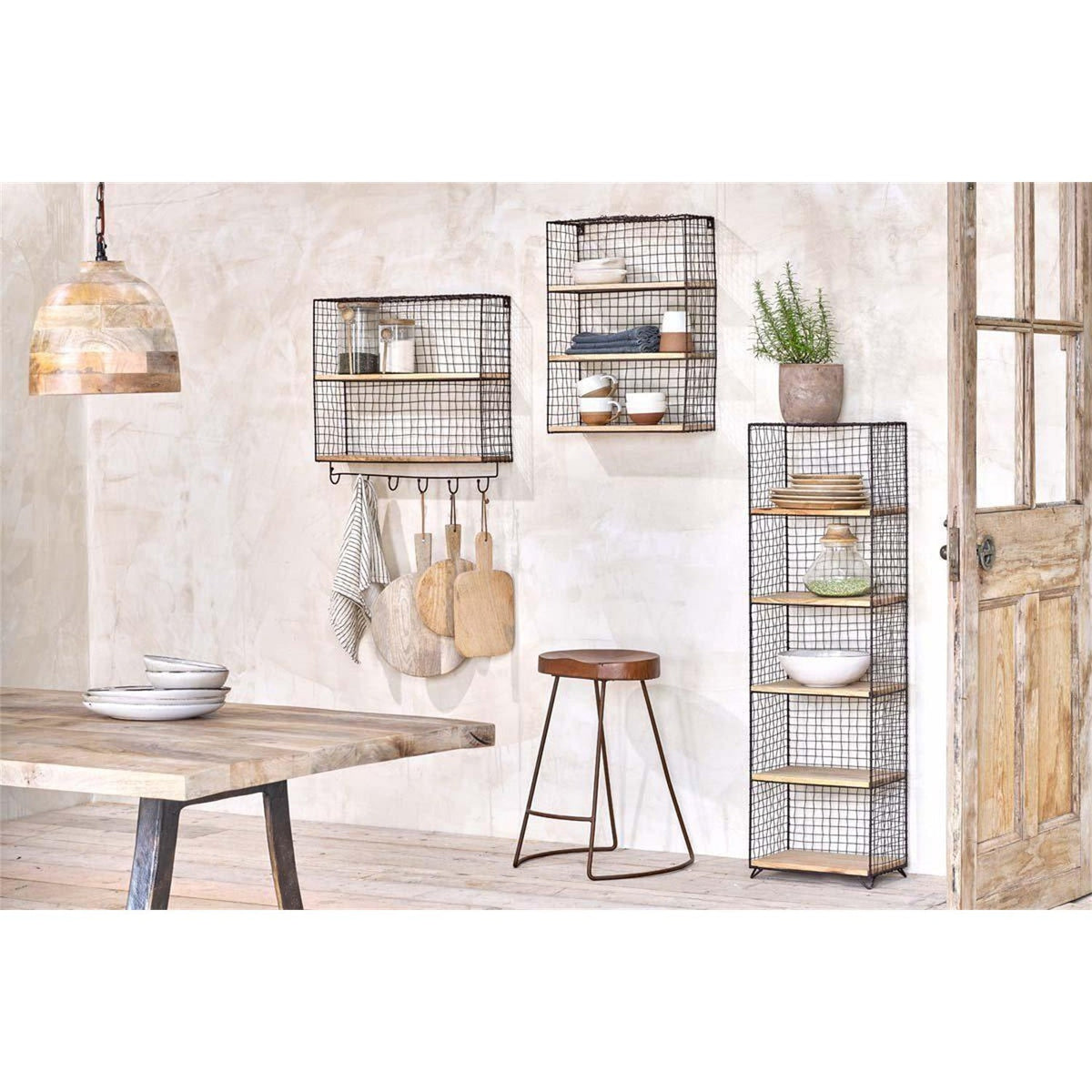 Tamba Iron & Mango Wood Wall Shelf with Hooks - Rust