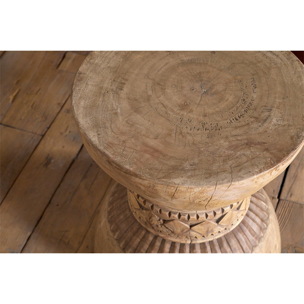 Taru Round Carved Side Table - Natural