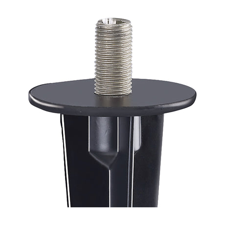 Small Ground Spike 17cm in black, close-up of the threaded chrome stem atop a round black plate, with the tapered spike body below, shown on a plain white background.