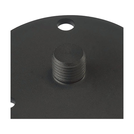 Close-up of the Ground Plate 50mm in black, a round iron lighting accessory with a threaded centre boss and mounting hole, matte finish.
