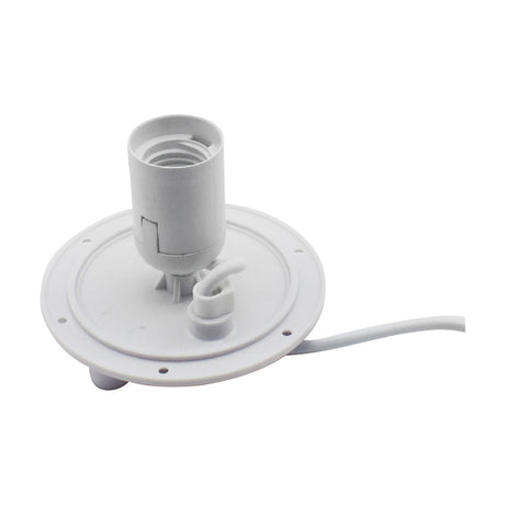 IP65 Lampholder Plate in white, 11.5cm round base with central E27 lampholder, integrated pull-cord switch and cable, shown on a plain white background.
