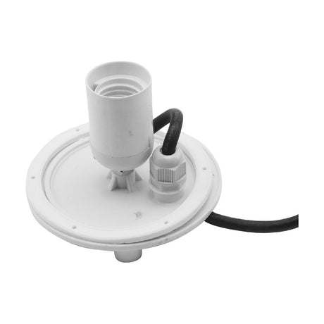 IP44 lampholder plate in white plastic, 11.5cm round base with E27 bulb socket, cable gland, and black cable, shown on a plain white background.