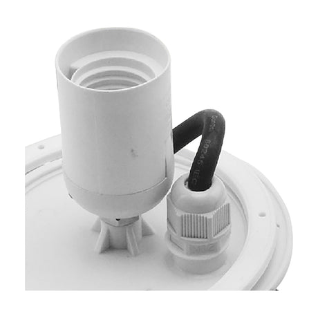 IP44 Lampholder Plate 11.5cm in white plastic, showing an E27 socket, cable gland with fitted black cable, and round mounting base on a white background.