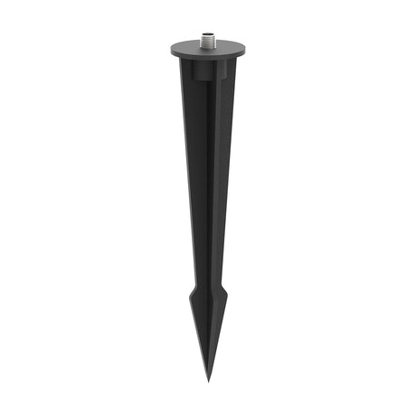 Medium Ground Spike 21cm Long in matt black, a tapered iron stem with a round top plate and threaded fitting for mounting a garden light, shown on a plain white background.