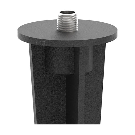 Large Ground Spike 26cm in black, close-up of the flat circular top with silver threaded fitting, tapering aluminium body, on a plain white background.