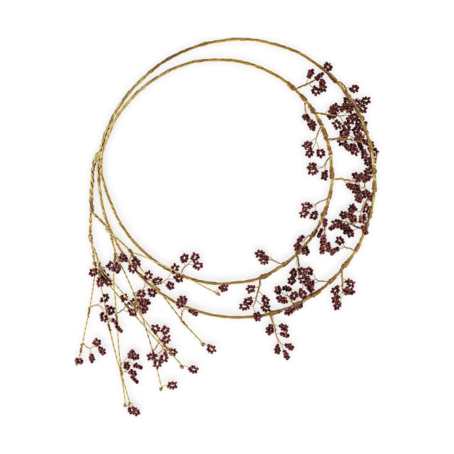 Tanu Mango Wood Beaded Christmas Wreath - Brass & Ruby