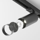 Technical perspective of Focus LED single phase Unity track spotlight in black, ideal for broad illumination needs.