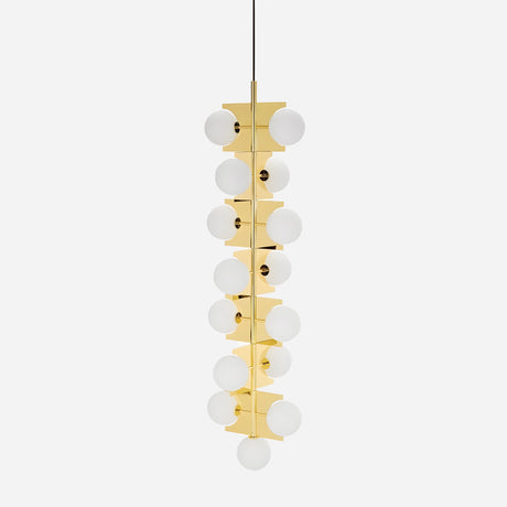 The Gatsby 15 Light Drop Suspension - Gold, a vertical modern chandelier, showcases a gold metal frame with three rows of white glass globes. Its sleek and contemporary design adds a stylish and elegant lighting feature to any plain white background.