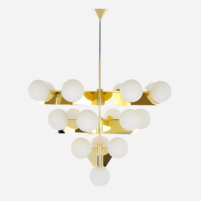 The Gatsby 18 Light Chandelier - Gold showcases a contemporary Art Deco design with a gold-plated metallic frame and numerous frosted white glass globes, gracefully suspended from the ceiling.
