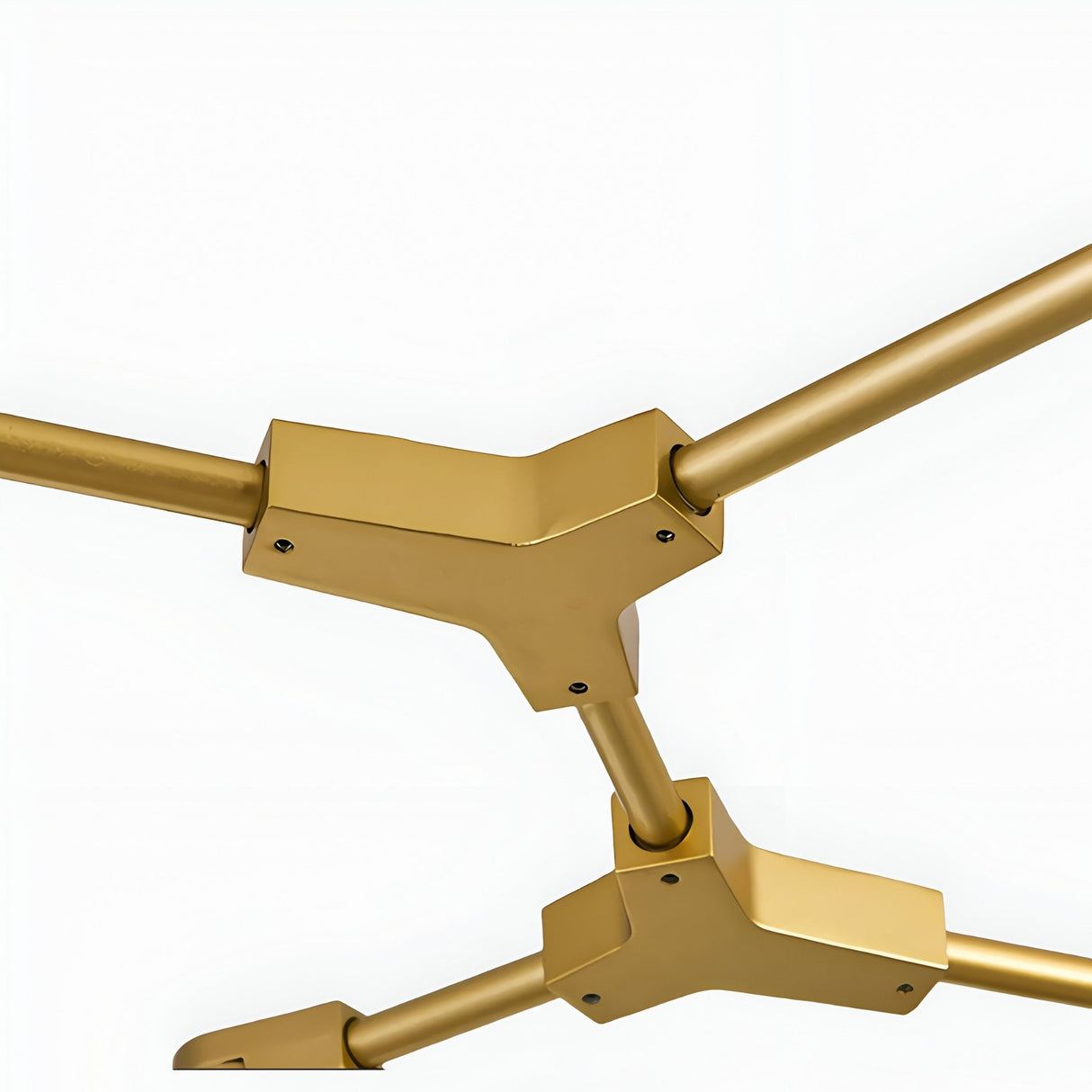 Close-up view of the Tree 6 Light Suspension - Gold, featuring angular joints and tubular arms, highlighting its luxurious modern design lighting against a plain white background.