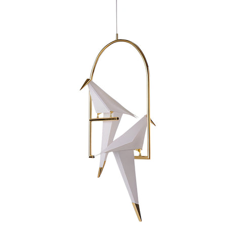 Elevate your space with the Ex-Display 2 Birds LED Pendant Light in White & Gold. Inspired by origami, it showcases white birds with gold accents perched on a golden arch, resembling a swing, suspended elegantly from a thin wire.