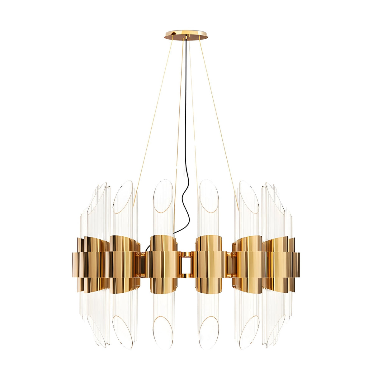 The Tycho 6 Light Crystal Chandelier in Gold & White features a modern circular design with ribbed glass panels and gold metal bands, suspended by thin wires from a round ceiling mount.