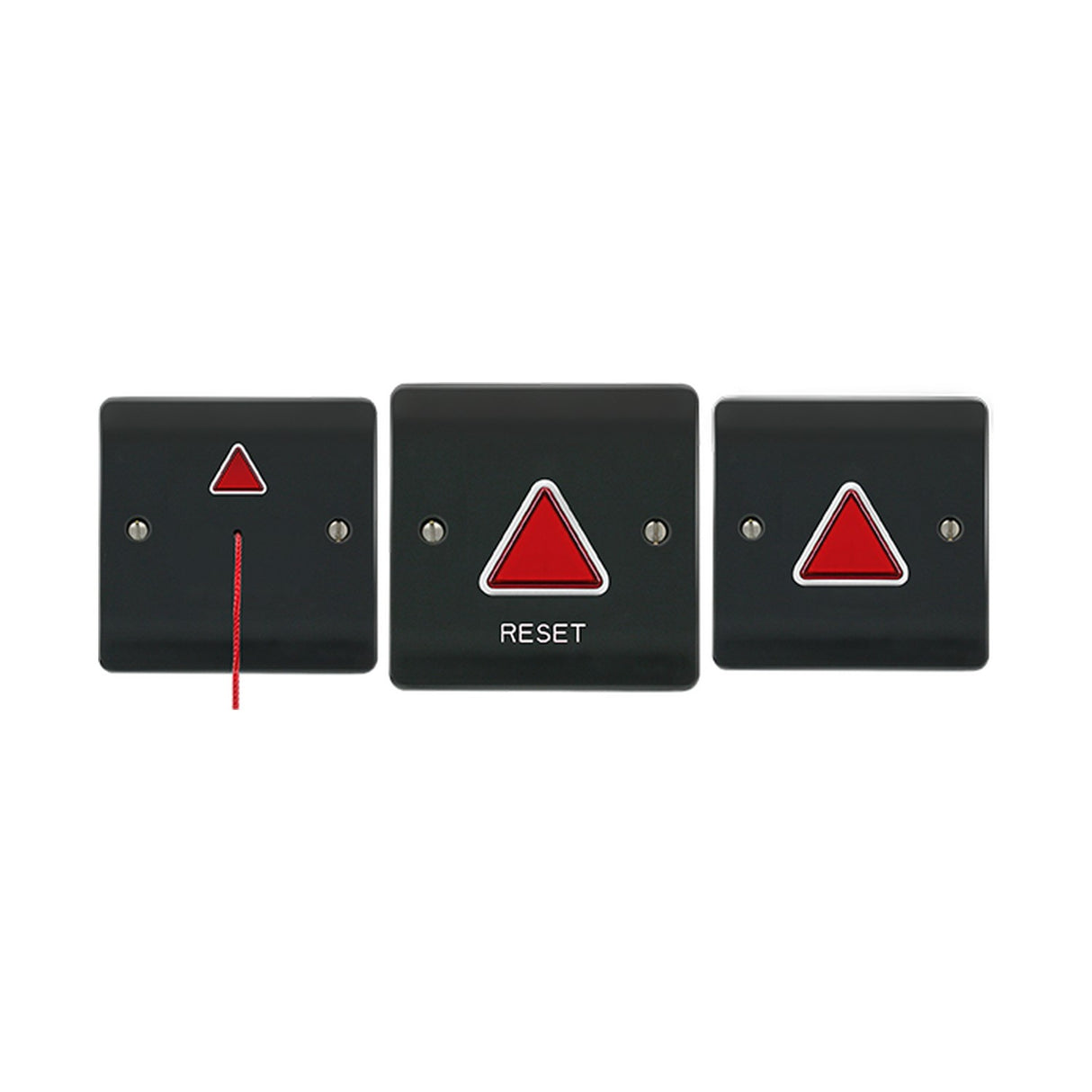 ESP Beacon Accessible Toilet Alarm Kit in grey with pull cord module, reset module, and power light and buzzer module, red triangle indicators.