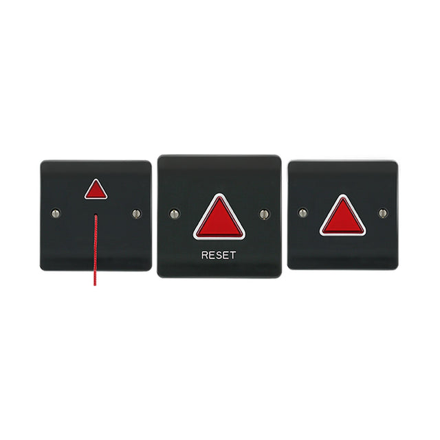 ESP Beacon Accessible Toilet Alarm Kit in grey with pull cord module, reset module, and power light and buzzer module, red triangle indicators.