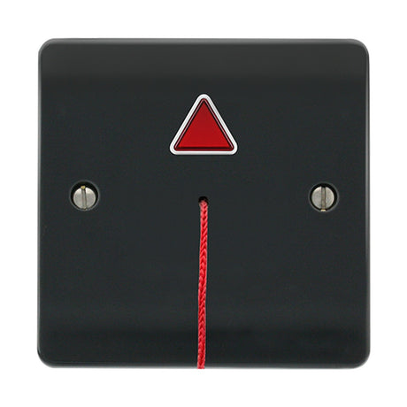 ESP Beacon accessible toilet alarm pull cord module in grey with red triangular LED indicator and red pull cord on a plain white background.