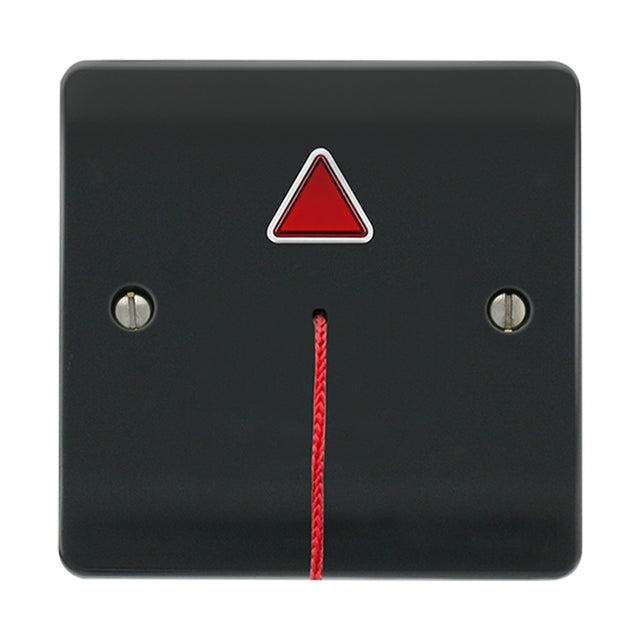 ESP Beacon accessible toilet alarm pull cord module in grey with red triangular LED indicator and red pull cord on a plain white background.