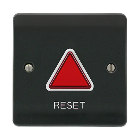 ESP Beacon accessible toilet alarm reset module in grey with red illuminated triangular indicator and RESET label, shown on a plain white background.