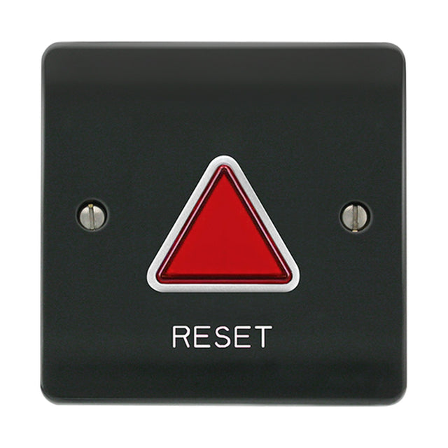 ESP Beacon accessible toilet alarm reset module in grey with red illuminated triangular indicator and RESET label, shown on a plain white background.