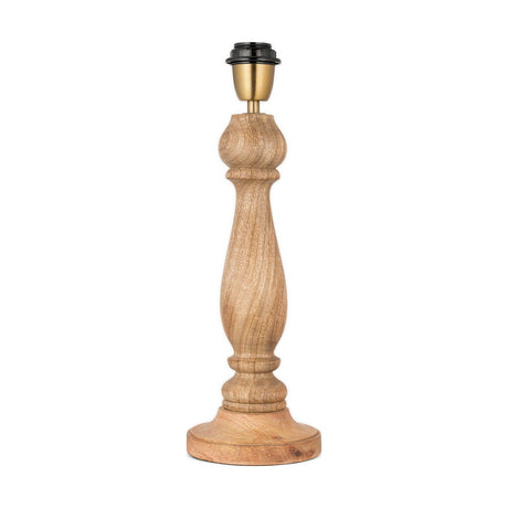 Usha Large Classic Wooden Table Lamp Base in natural mango wood, turned baluster column on a round foot with brass collar and black E27 lampholder, shown on a plain white background.