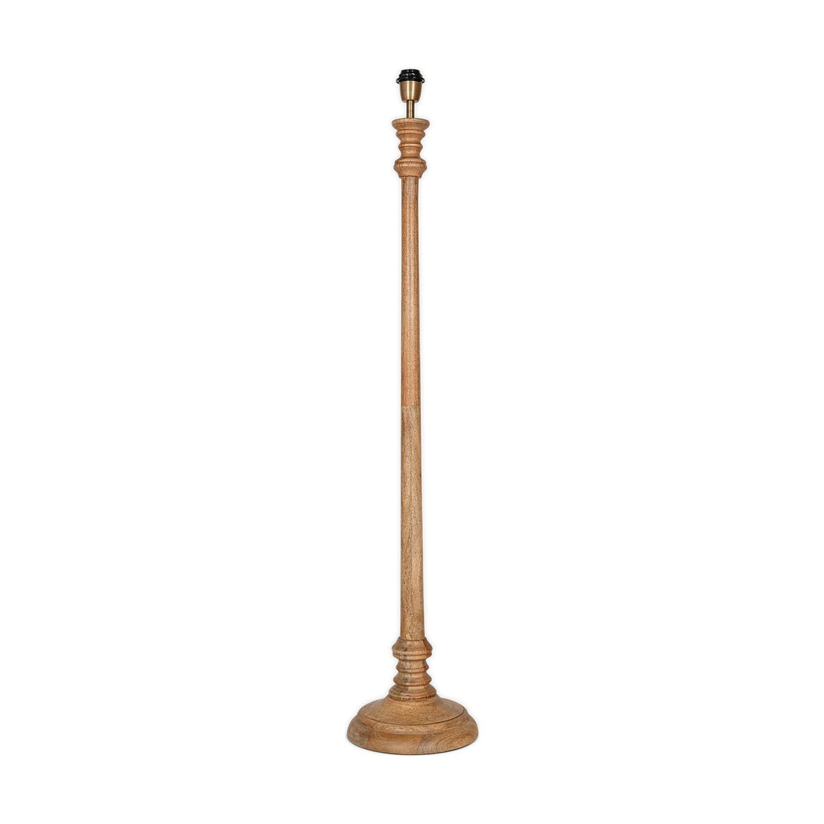 Usha Classic Wooden Floor Lamp Base in natural mango wood, a tall candlestick-style column with turned rings and a domed round foot, shown on a white background.