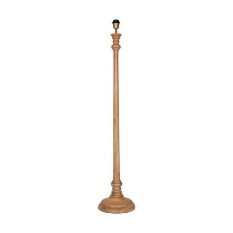 Usha Classic Wooden Floor Lamp Base in natural mango wood, a tall candlestick-style column with turned rings and a domed round foot, shown on a white background.