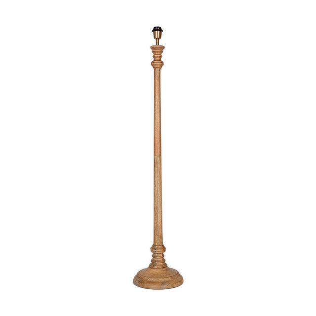 Usha Classic Wooden Floor Lamp Base in natural mango wood, a tall candlestick-style column with turned rings and a domed round foot, shown on a white background.