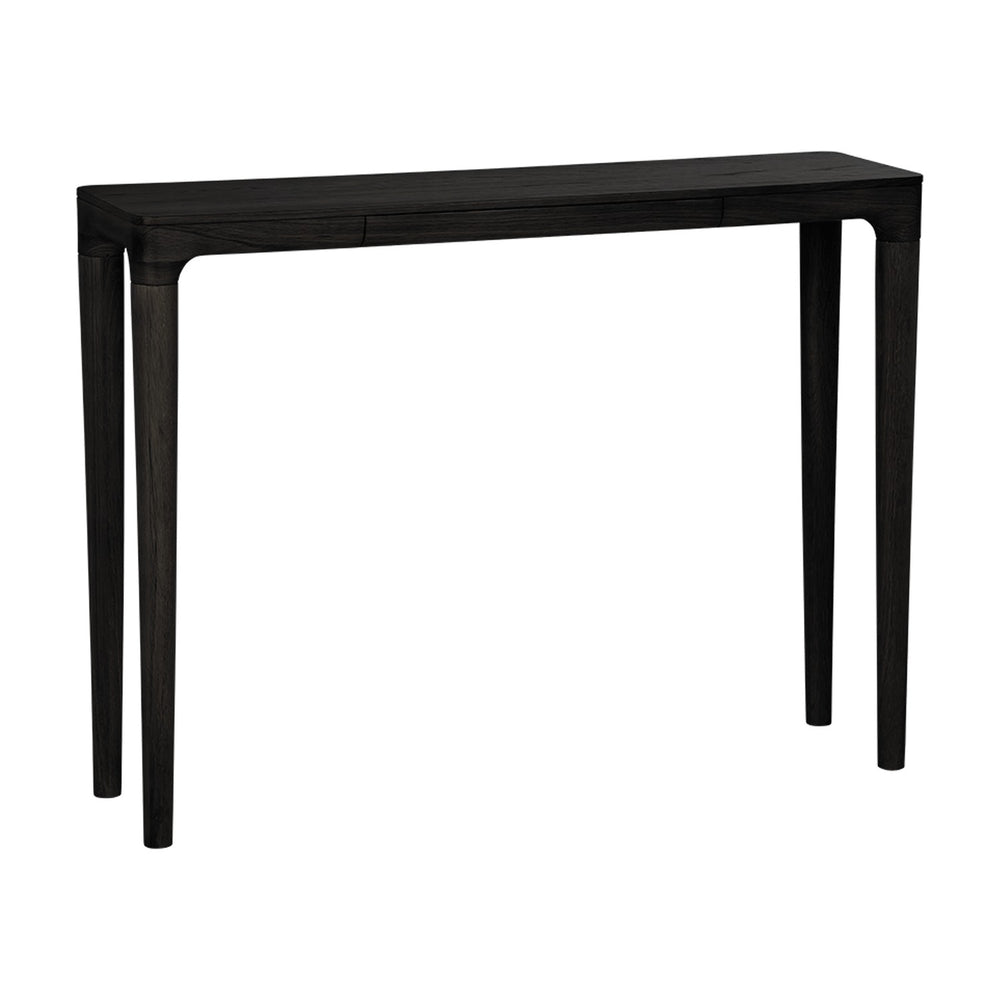 Heart'n'Soul console table in Black Oak with a slim rectangular top and four tapered wooden legs, shown on a plain white background.
