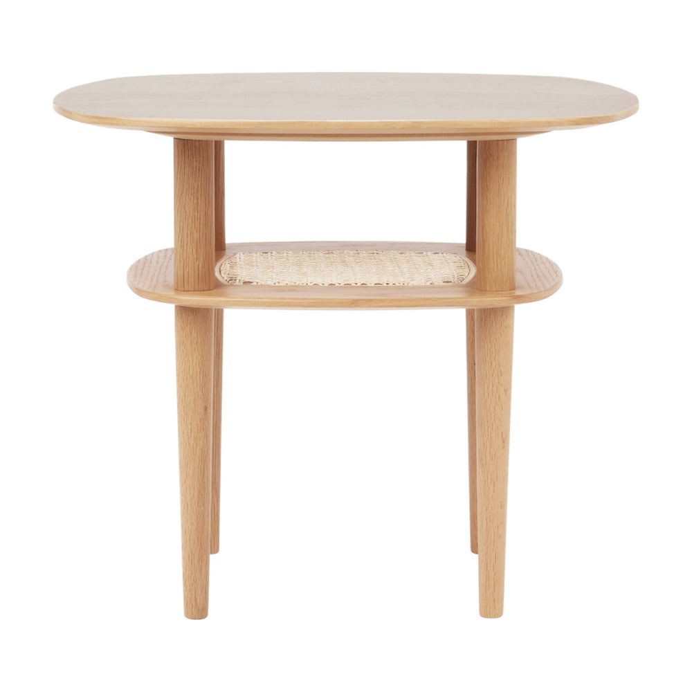 Together Smooth Square 60 coffee table in oak, tall rounded top with woven rattan lower shelf and tapered legs, shown on a plain white background.