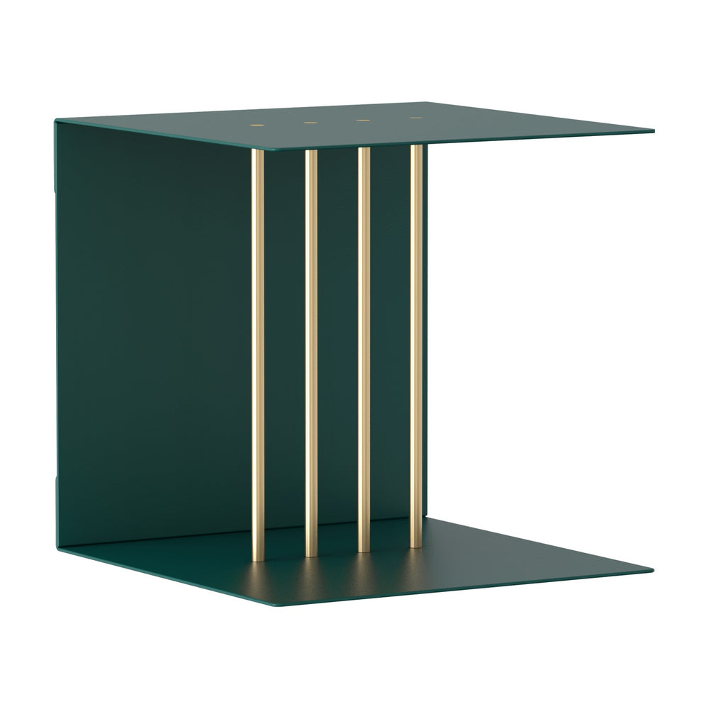 Teaser Shelf in Forest Green, an open shelving unit with two flat aluminium and steel panels joined by slim brass-toned vertical rods, shown on a plain white background.