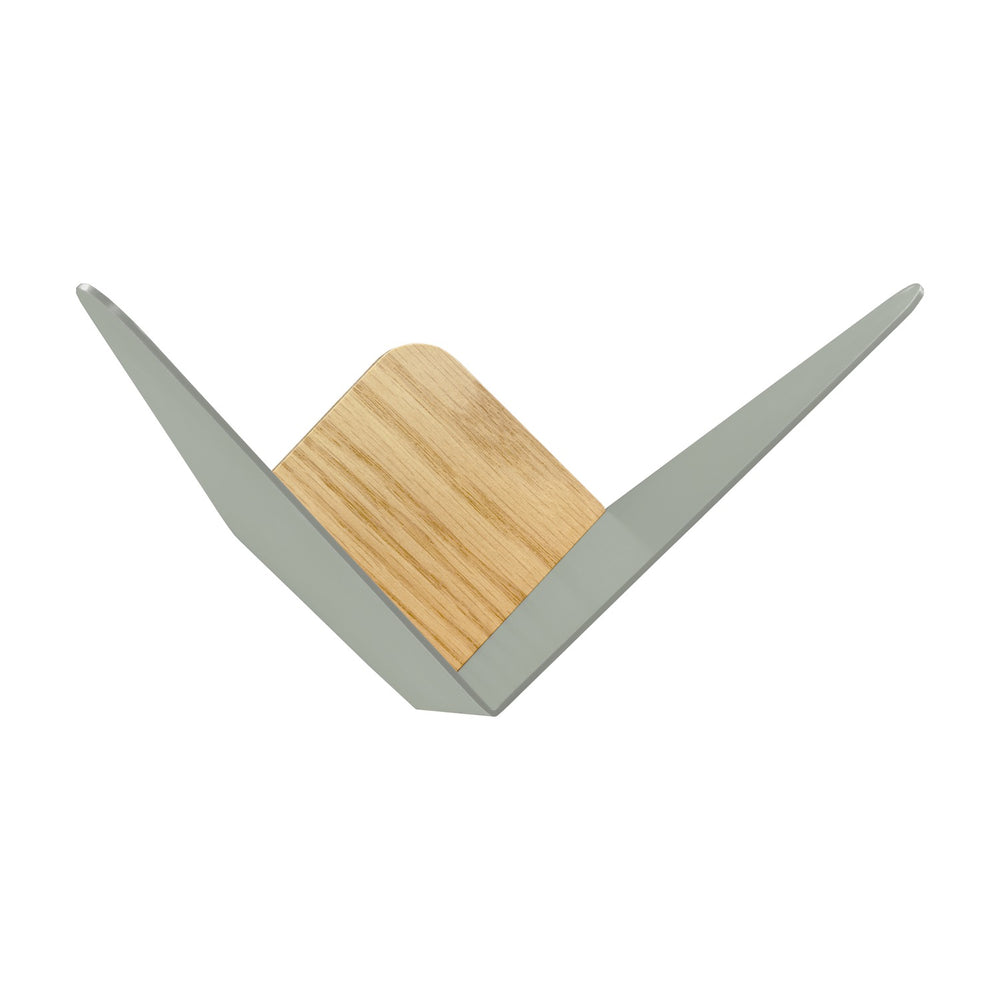Butterflies Dual Coat Hook Mini in Nuance Olive, a V-shaped wall hook with two angled wooden wings in olive green meeting at a light oak centre block, shown on a plain white background.